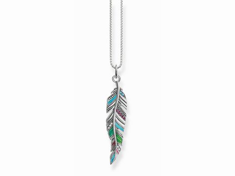 Kette von Thomas Sabo mit einem filigranen Federanhänger in bunten Farben, Länge ca. 38/40/42 cm, ideal für modische Akzente und als stilvolles Accessoire.
