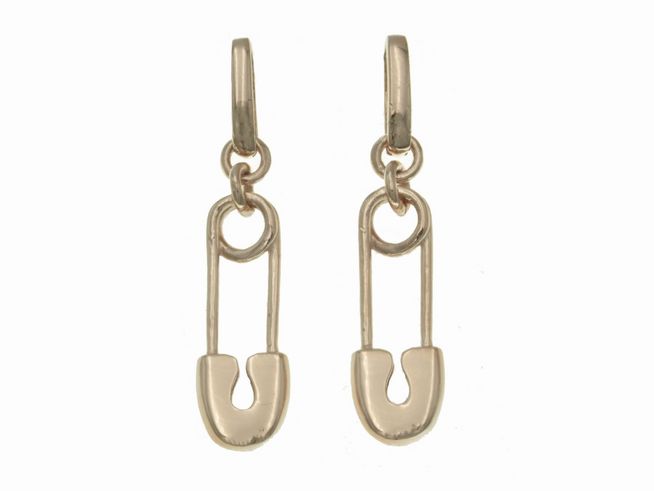Ohrhänger aus Sterling Silber in Form einer Sicherheitsnadel, poliert und vergoldet in Roségold, ohne Steine, hergestellt von Juwelier Harnisch.