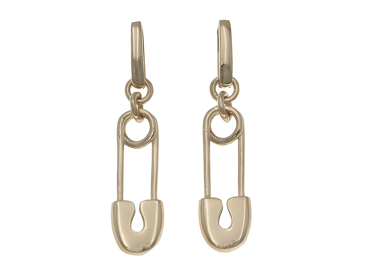 Ohrhänger aus Sterling Silber in Form einer Sicherheitsnadel, poliert und vergoldet in Roségold, ohne Steine, hergestellt von Juwelier Harnisch.