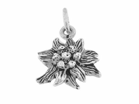 Edelweiß Anhänger aus Echt Silber, ca. 1,4 cm groß, filigran gestaltet, zeigt detailreich die charakteristischen Blüten und Blätter, hergestellt von Juwelier Harnisch.
