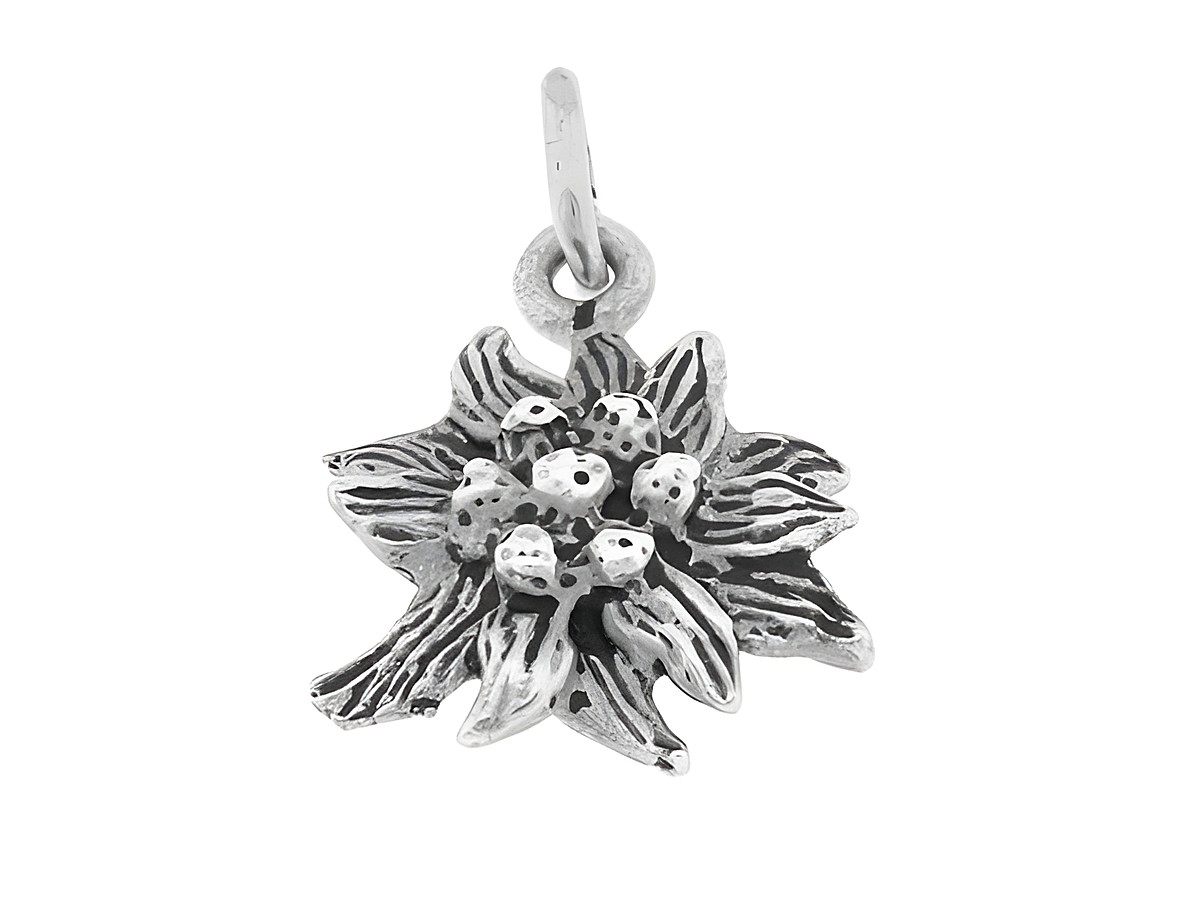Edelweiß Anhänger aus Echt Silber, ca. 1,4 cm groß, filigran gestaltet, zeigt detailreich die charakteristischen Blüten und Blätter, hergestellt von Juwelier Harnisch.