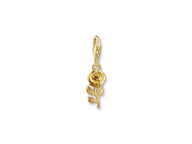Charm-Anhänger in Form einer Silberrose mit Gelbgoldvergoldung von Thomas Sabo, filigrane Details und Karabinerhaken, ideal für individuelle Schmuckkreationen.