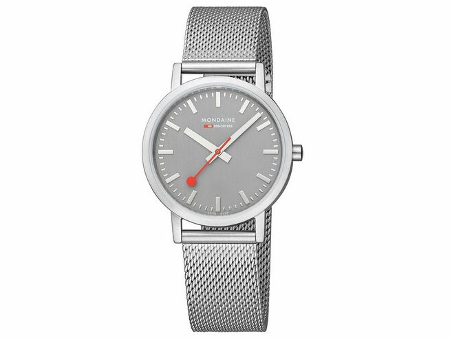 Mondaine Uhr Classic A660.30314.80SBJ mit 36 mm Gehäuse, grauem Ziffernblatt und roter Sekundenzeiger, ausgestattet mit einem eleganten Metallarmband.