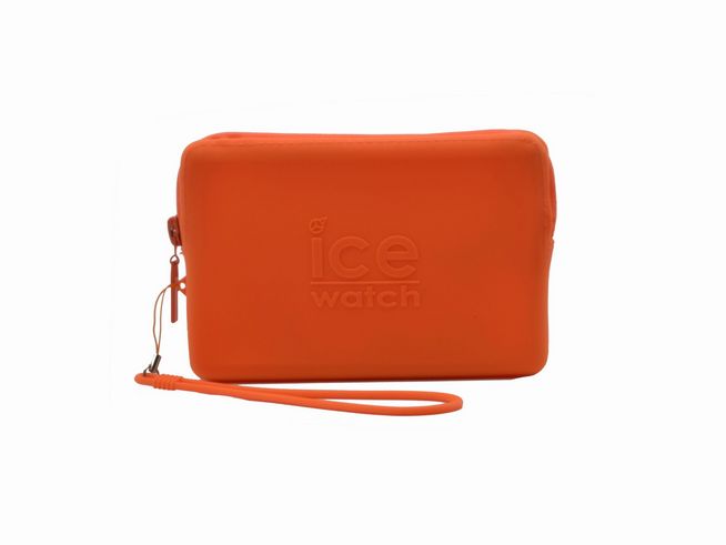 Silikon Orange Neon Case von Ice Watch in den Maßen 16,5x10,5 cm mit einem Reißverschluss und einer Handgelenkschlaufe, ideal für die Verwahrung von Accessoires.