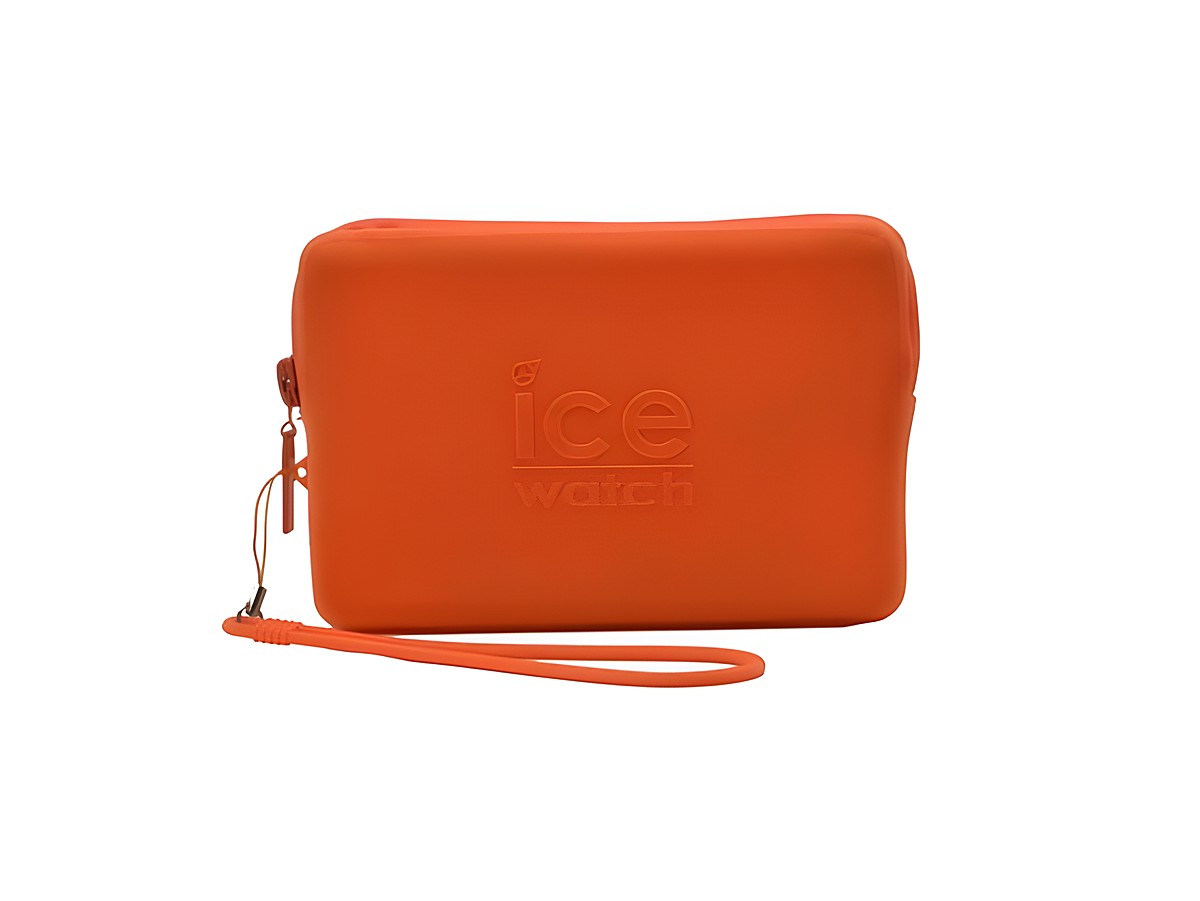 Silikon Orange Neon Case von Ice Watch in den Maßen 16,5x10,5 cm mit einem Reißverschluss und einer Handgelenkschlaufe, ideal für die Verwahrung von Accessoires.