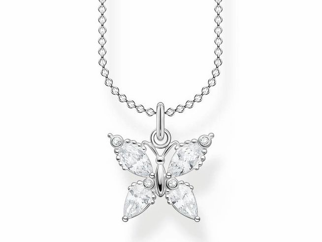 Eine zarte Sterling Silber Kette mit einem charmanten Schmetterlingsanhänger, verziert mit weißen Zirkonia, in einer Länge von 38 bis 45 cm von Thomas Sabo.