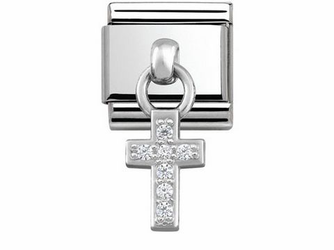 Edelstahl und Silber Charm von Nomination, Modell Classic, mit einem funkelnden Kreuzanhänger, verziert mit klaren Steinen, ideal für Armbänder und persönliche Schmuckstücke.