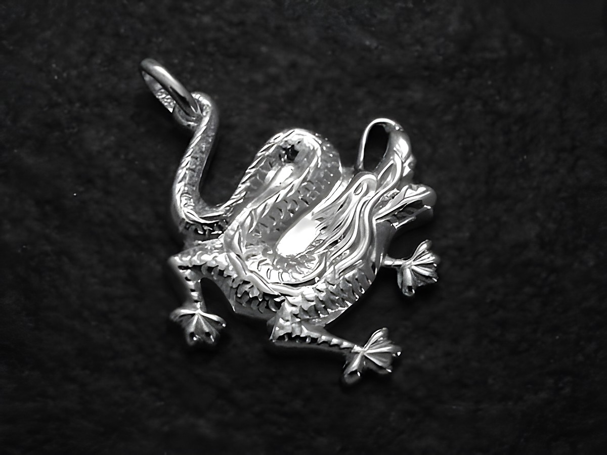 Drache Anhänger eindrucksvoll aus Sterling Silber, hergestellt von Juwelier Harnisch, zeigt einen detaillierten Drachen im stilisierten Design, ideal als Schmuckstück für Tierliebhaber.