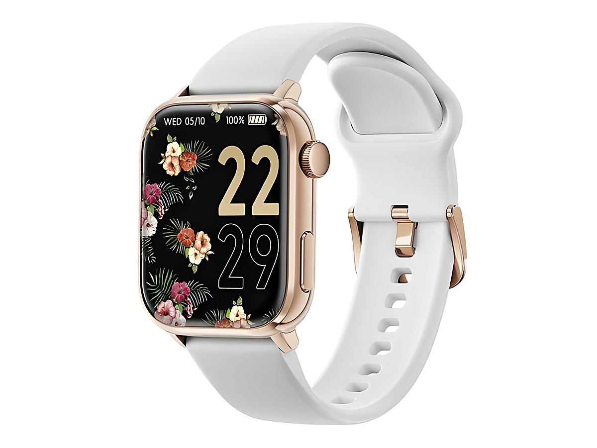 ICE Smart 2.0 Smartwatch in Weiß Roségold mit einem 1.96 Zoll Display, floralem Ziffernblatt und digitaler Anzeige, ideal für stilvolle Technikanwender.