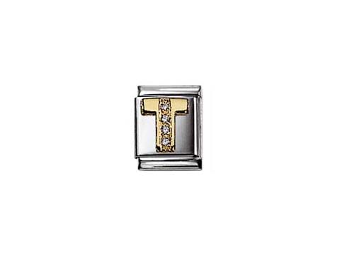NOMINATION Big Buchstabe Zirkonia - T 032301 20, Hersteller: Nomination, Buchstaben Zirkonia, goldene T-Form mit Zirkonia-Steinen auf silberner Grundplatte in quadratischer Form.