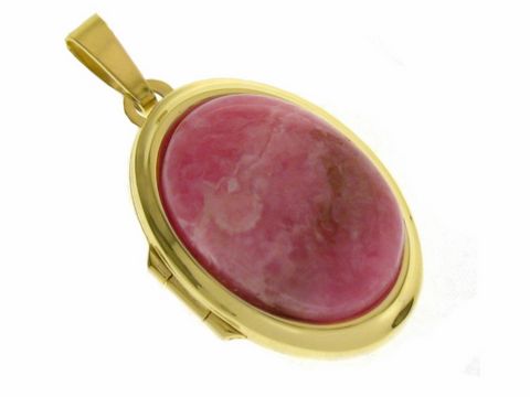 Rhodochrosit Medaillon in ovaler Form, eingefasst in Gold 333, sanfte Rosa- und Pinktöne, hochwertiger Cabochon des Herstellers Juwelier Harnisch, elegantes Schmuckstück.