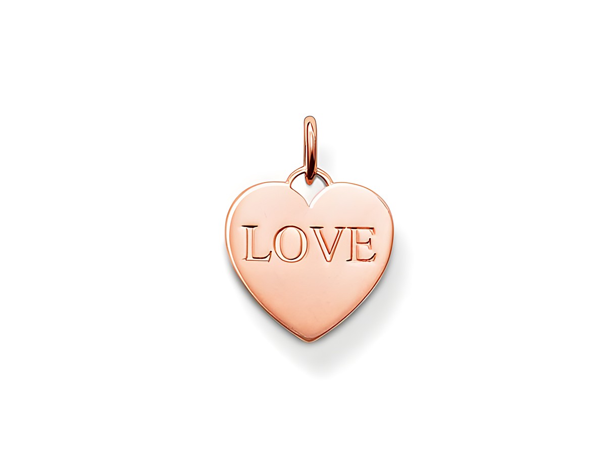 Silber vergoldeter Thomas Sabo Anhänger in Herzform mit der Prägung LOVE, roségoldene Optik, ideal für künstlerische Schmuckgestaltungen und persönliche Geschenkideen.