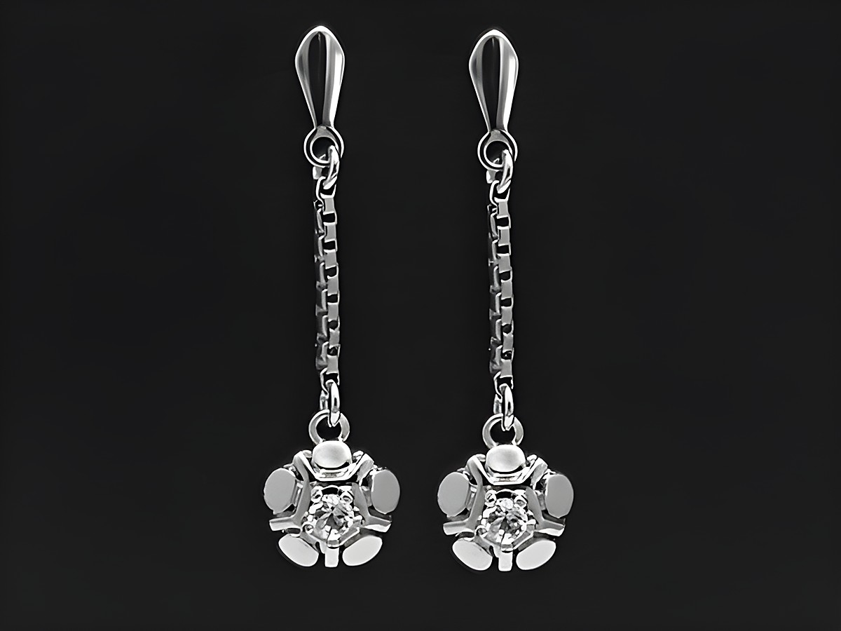 Silber Ohrringe 29 x 7,5 mm Hänger mit weißem Stein von Juwelier Harnisch, elegante Ohrhänger mit Stein in floraler Form.