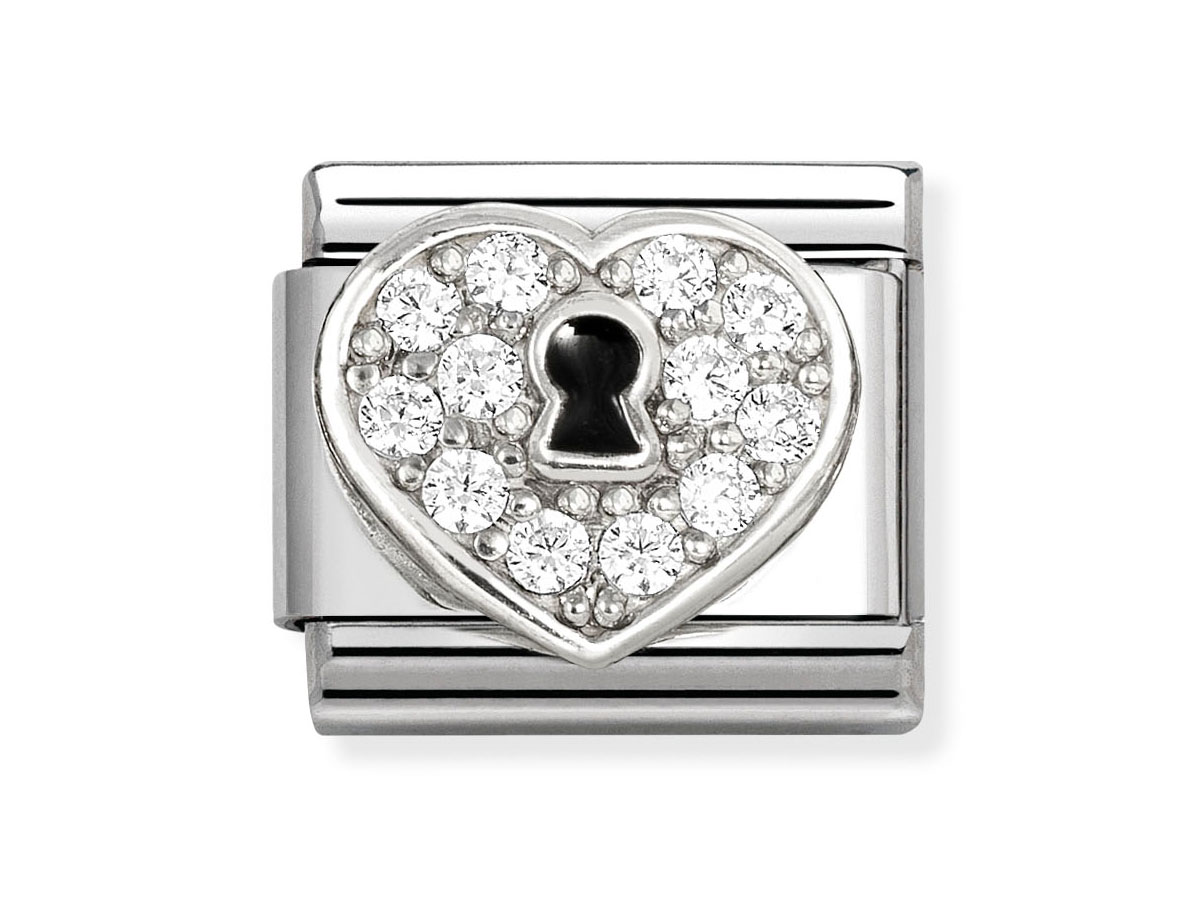 Silbernes Charm-Anhänger im Herzdesign mit einem Schloss und Zirkonia-Steinen, glänzend und elegant, zur Kombination mit dem Nomination Armband, Hersteller Nomination, Neuheiten.