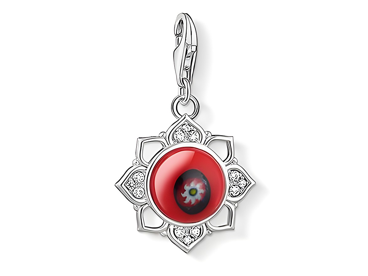 Charm-Anhänger von Thomas Sabo, Modell 1441-052-10, in Form einer Blume der Reinheit mit rotem Stein und funkelnden Zirkonia, ideal als Glücksbringer.