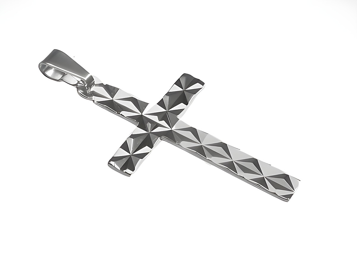 Diamantschliff Kreuz aus Silber, rhodiniert, mit glänzendem Muster, Hersteller Juwelier Harnisch, eleganter Anhänger für modische Akzente und besondere Anlässe.
