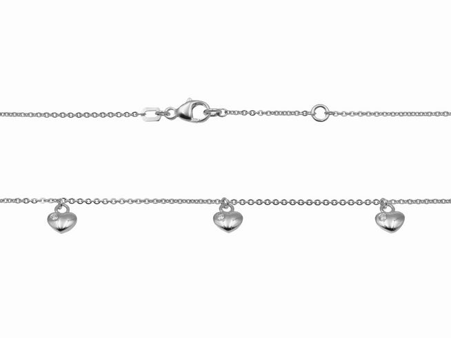 Kette Herzreihe aus Silber rhodiniert mit Zirkonia in 36 cm und 38 cm Länge. Feine Gliederkette mit kleinen herzförmigen Anhängern, ideal als Schmuckstück für den Alltag.
