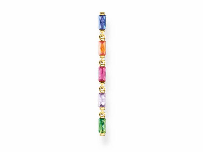 Ein eleganter Ohrring von Thomas Sabo aus Sterling Silber, vergoldet in Gelbgold, mit sechs bunten, rechteckigen Glas-Keramik Steinen in verschiedenen Farben, idealer Ohrschmuck.