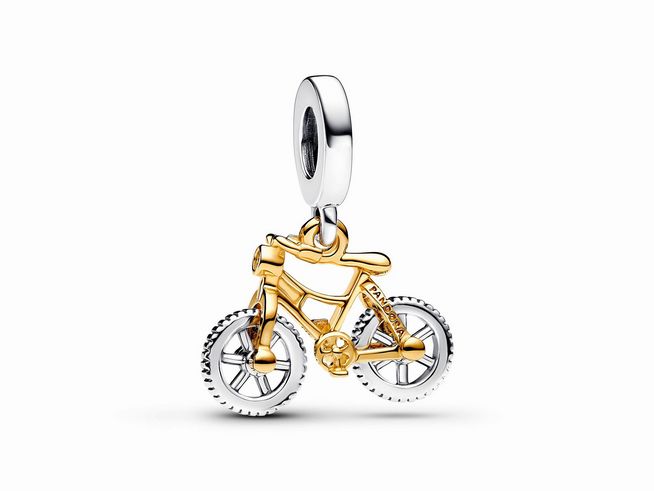 Charm-Anhänger in Form eines Fahrrads aus Sterling Silber und vergoldetem Material, mit drehenden Rädern und klaren Zirkonia-Steinen, von der Marke Pandora.
