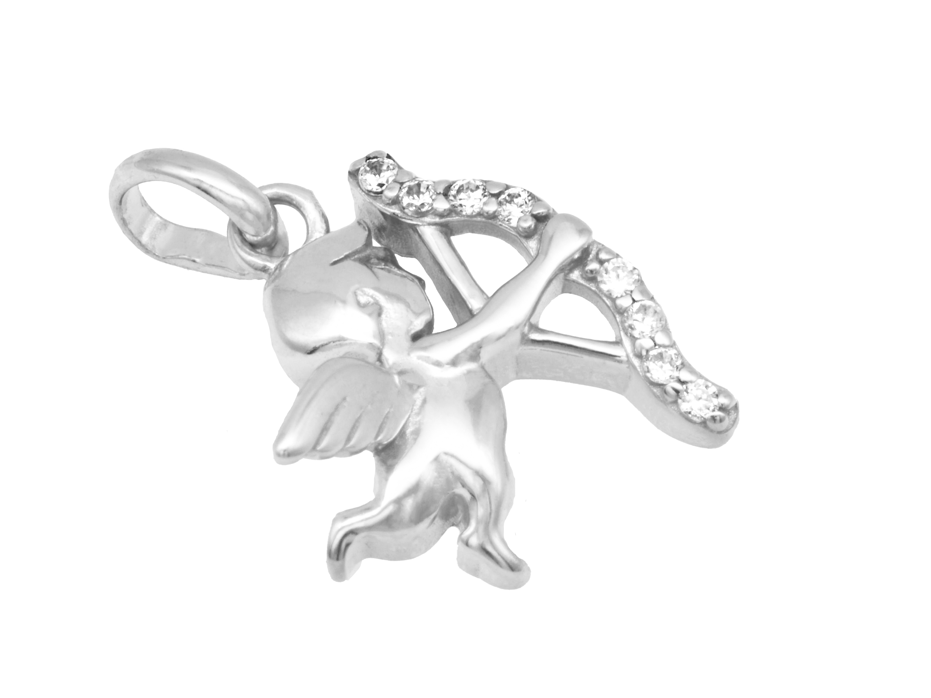 Silber Anhänger Engel in Form von Amor mit einer Bogen und Pfeil aus rhodiniertem Sterling Silber, glänzend poliert, verziert mit Zirkonia, Hersteller Juwelier Harnisch.
