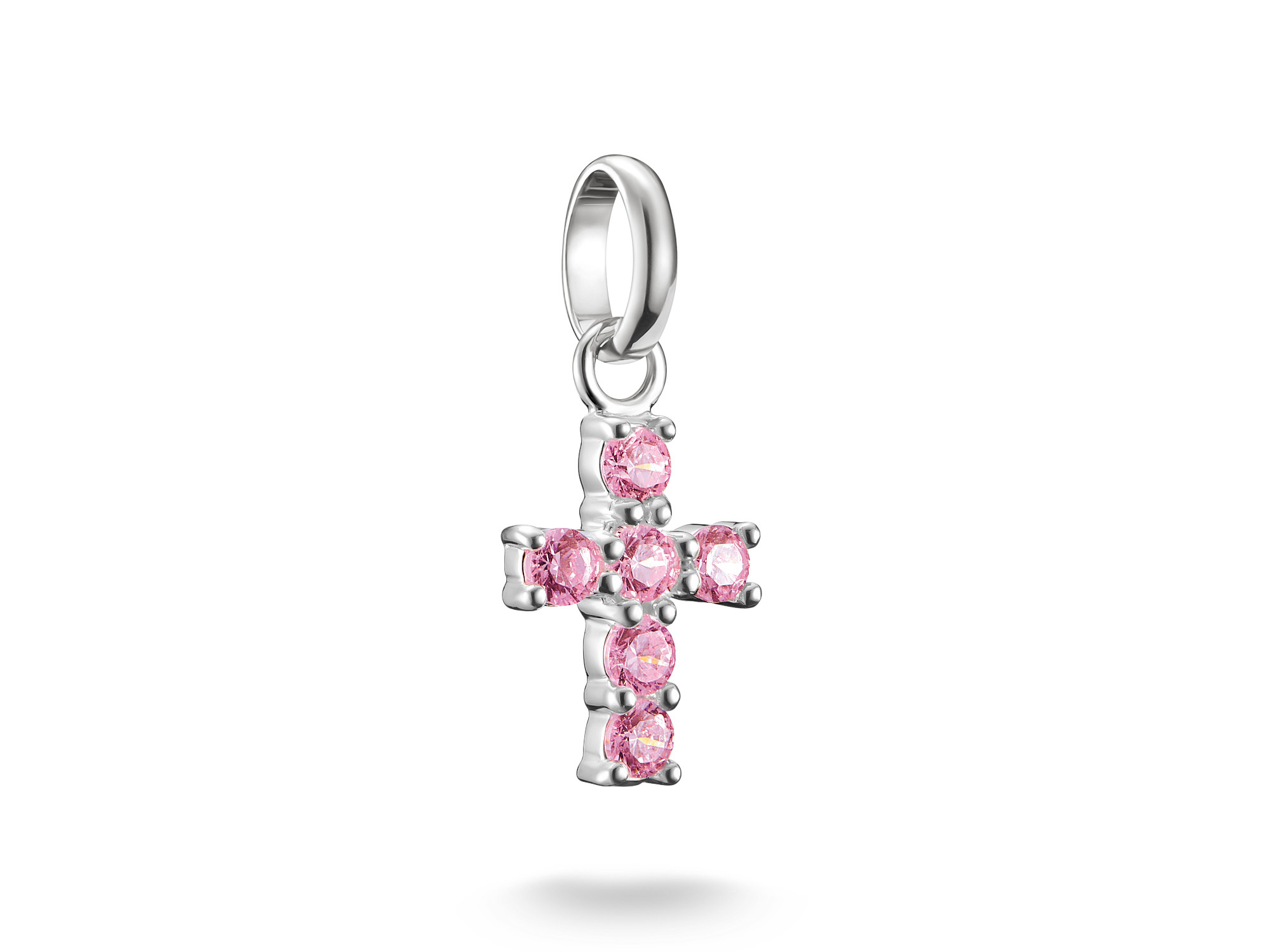 Thomas Sabo Charm in Form eines Kreuzes in Silber mit pinken Zirkonia-Steinen, ideal für die Charm Club CONNECT Kollektion.