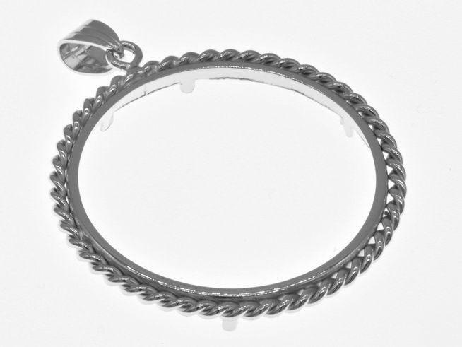 Münzfassung Anhänger aus rhodiniertem 925 Sterling Silber mit Kordel-Design für Münzen bis 35 mm Durchmesser. Hersteller Juwelier Harnisch, ideal für bis 3,5 cm Münzen.