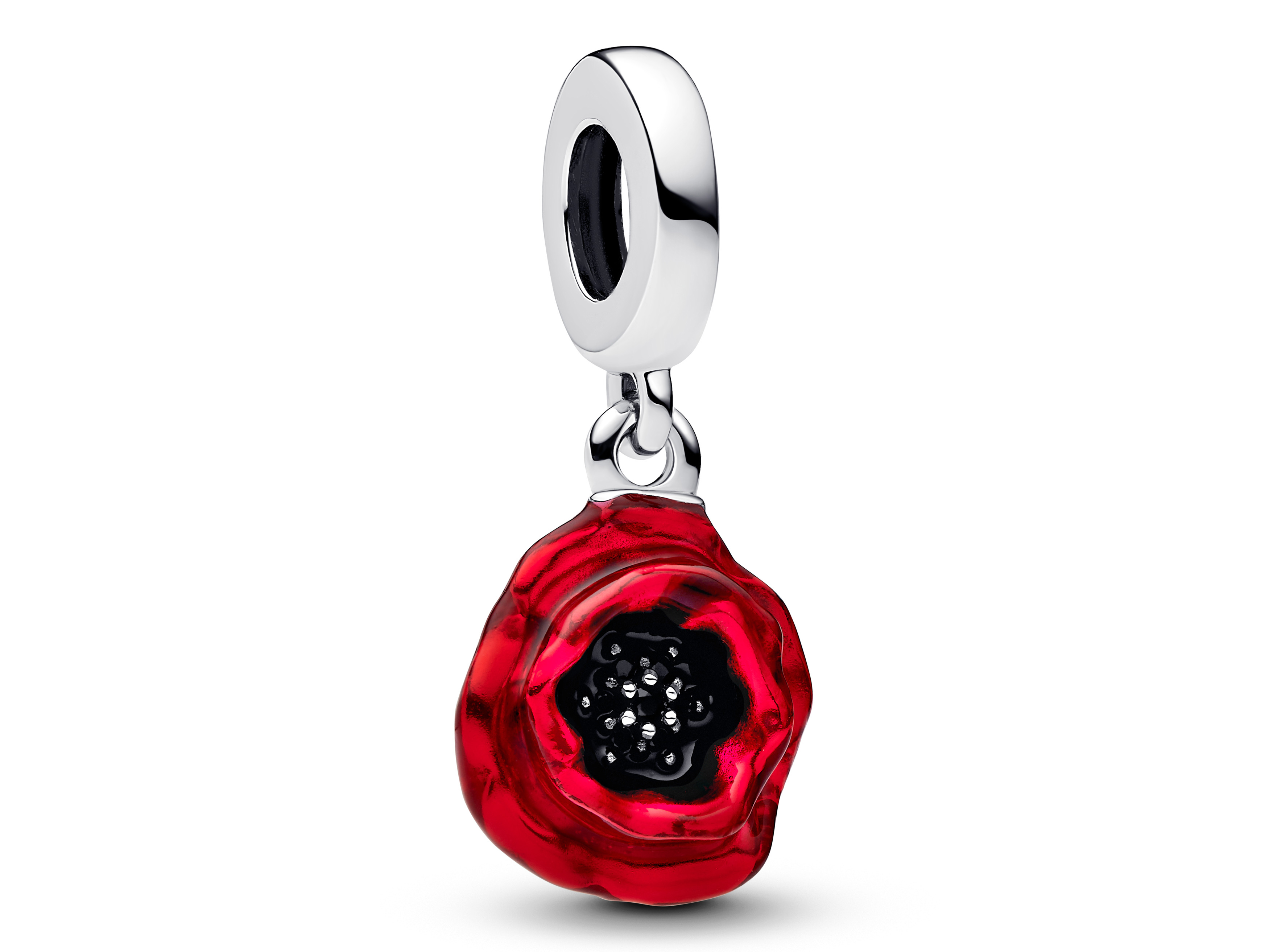 Roter Blumen Charm von Pandora aus Sterling Silber mit feinen Details in Schwarz, ideal als stilvolles Zubehör für Armbänder und ein schöner Ausdruck von Eleganz und Farbe.