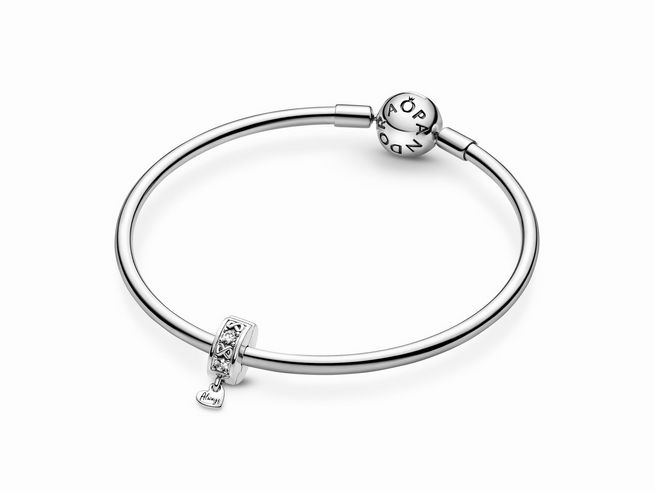 Das Bild zeigt ein Armband von Pandora aus Sterling Silber mit einem Pavé Clip Charm und Zirkonia. Der Charm trägt die Inschrift Familie Für Immer. Das Armband hat eine elegante, schlichte Form.