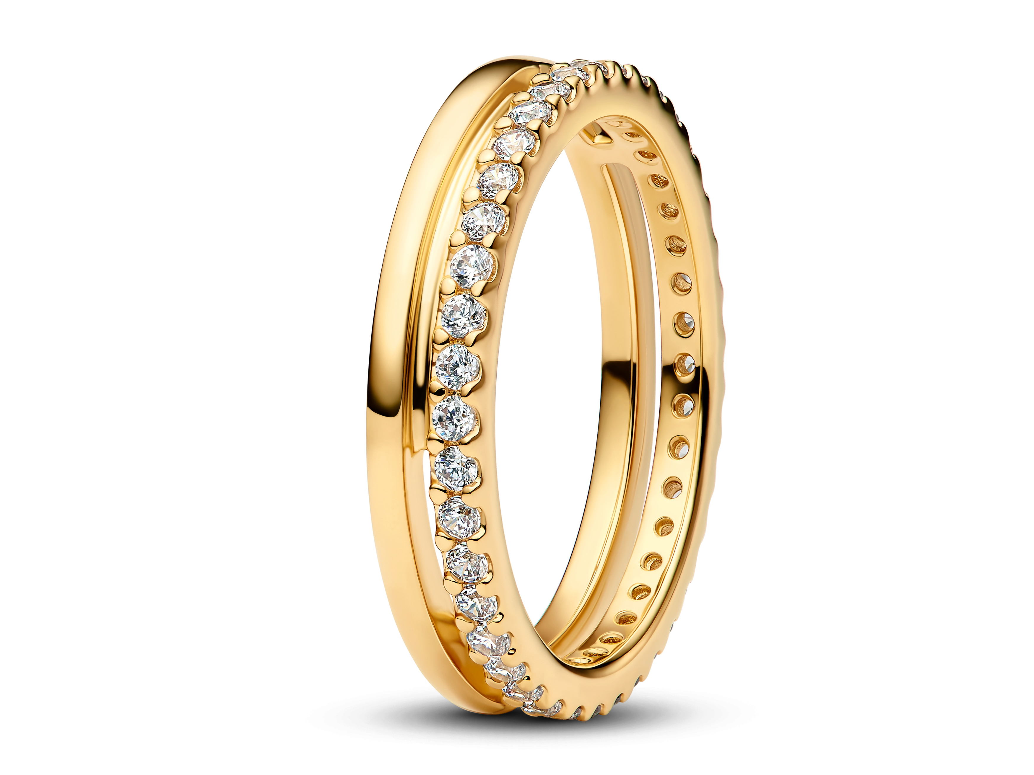Doppelter Bandring von Pandora in Gelbgold Vergoldung, verziert mit Zirkonia, Größe 48, elegant und modern gestaltet, ideal für jeden Anlass.