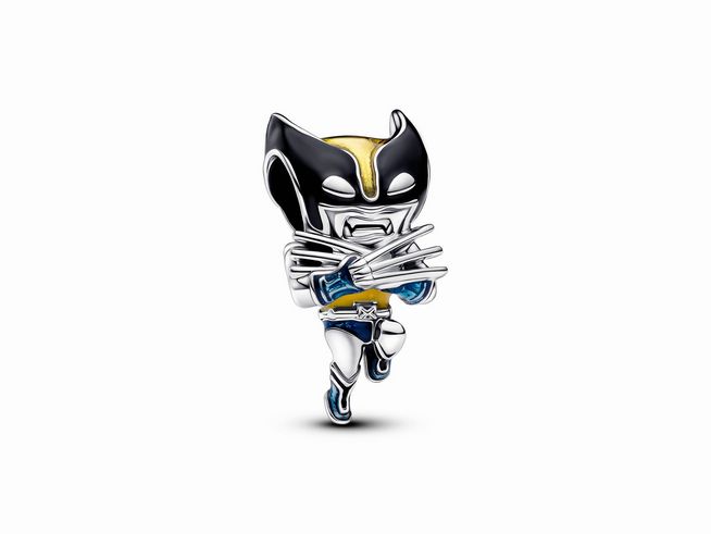 Der charm zeigt eine farbenfrohe Figur von Wolverine aus Marvel, gefertigt aus Sterlingsilber mit bunten Emaille-Details, die in einer dynamischen Pose dargestellt ist.