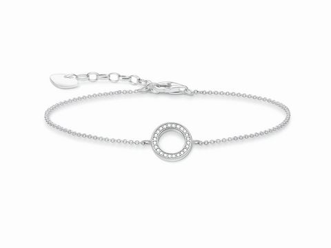 Schmuckstück von Thomas Sabo, ein offenes Armband aus 925 Sterling Silber mit Zirkonia in Weiß, verziert mit einem kreisförmigen Element, längenverstellbar von 15 bis 19 cm.