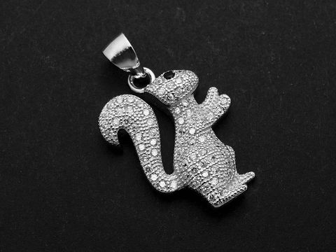 Eichhörnchen Silber Anhänger rhodiniert mit weißen und schwarzen Zirkonia, niedliches Design, Hersteller Juwelier Harnisch, geeignet für Tierliebhaber.