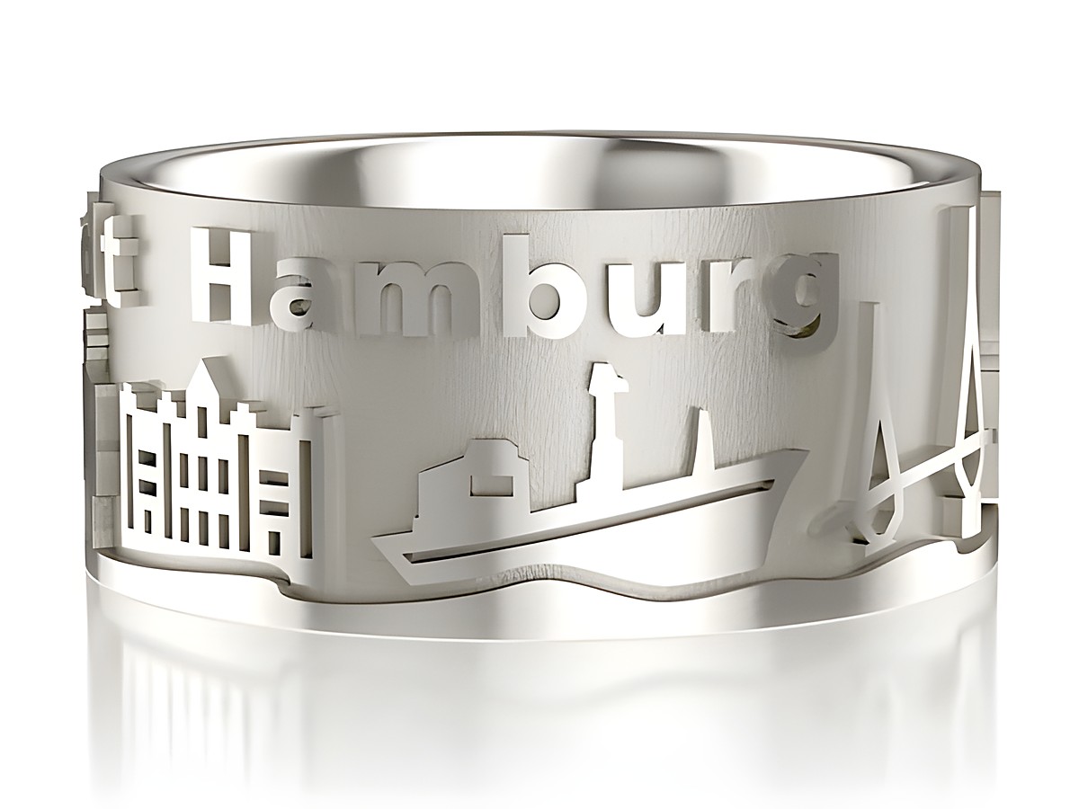 Hamburg Ring aus 925 Sterling Silber, rhodiniert, mit filigranem Design von Hamburgs Sehenswürdigkeiten, Breite 10 mm, Größe 60, Hersteller Juwelier Harnisch.
