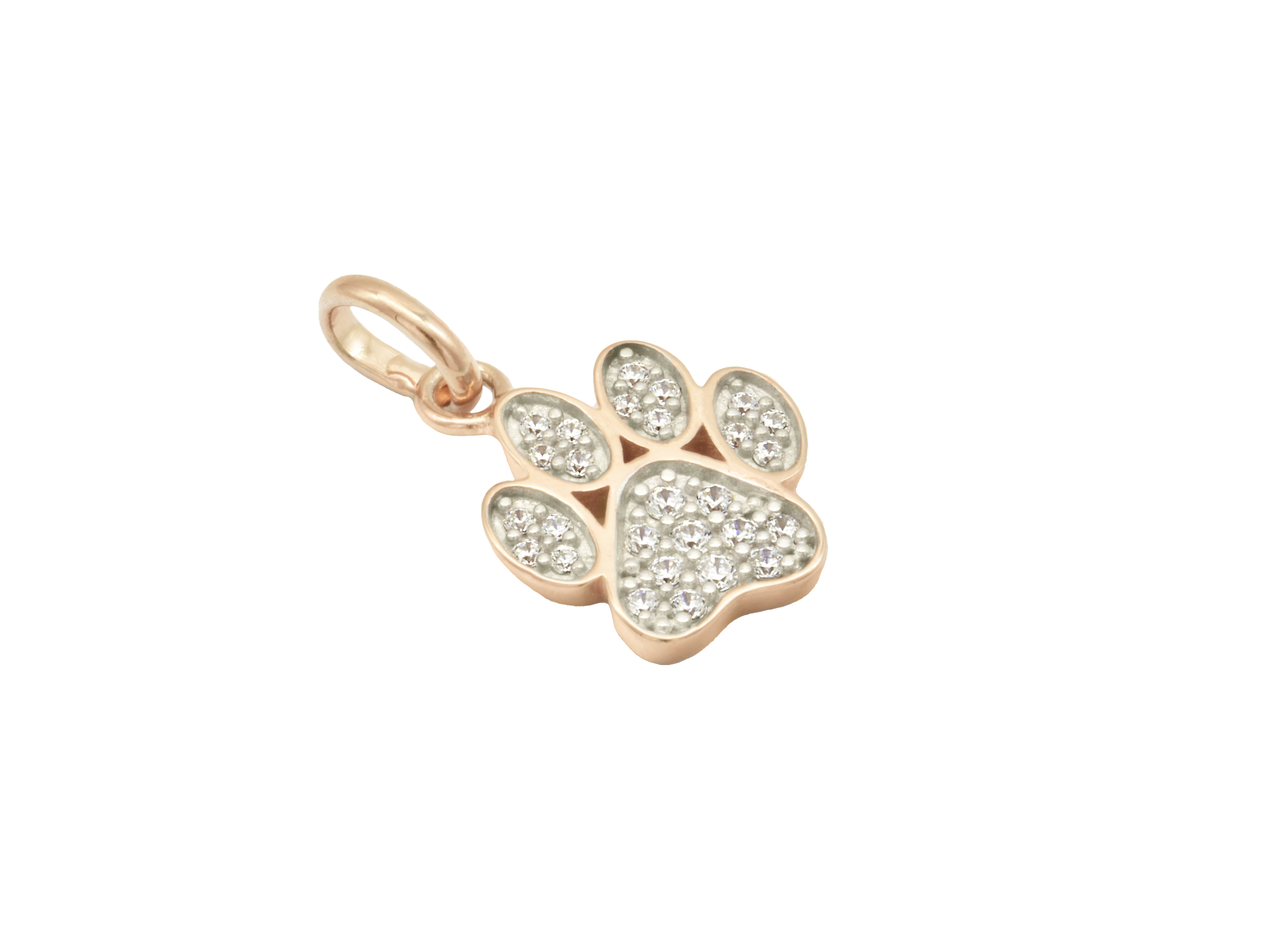 Anhänger in Pfotenform aus Sterling Silber 925, vergoldet in Roségold, glänzend poliert und besetzt mit funkelndem Zirkonia, ideal für Tierliebhaber. Hersteller: Juwelier Harnisch.