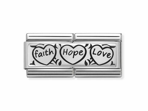Silberne Armbändern mit der Gravur faith, Hope, Love in Herzform zwischen Blättern, Hersteller: Nomination, Modell: 330710 11, Double.