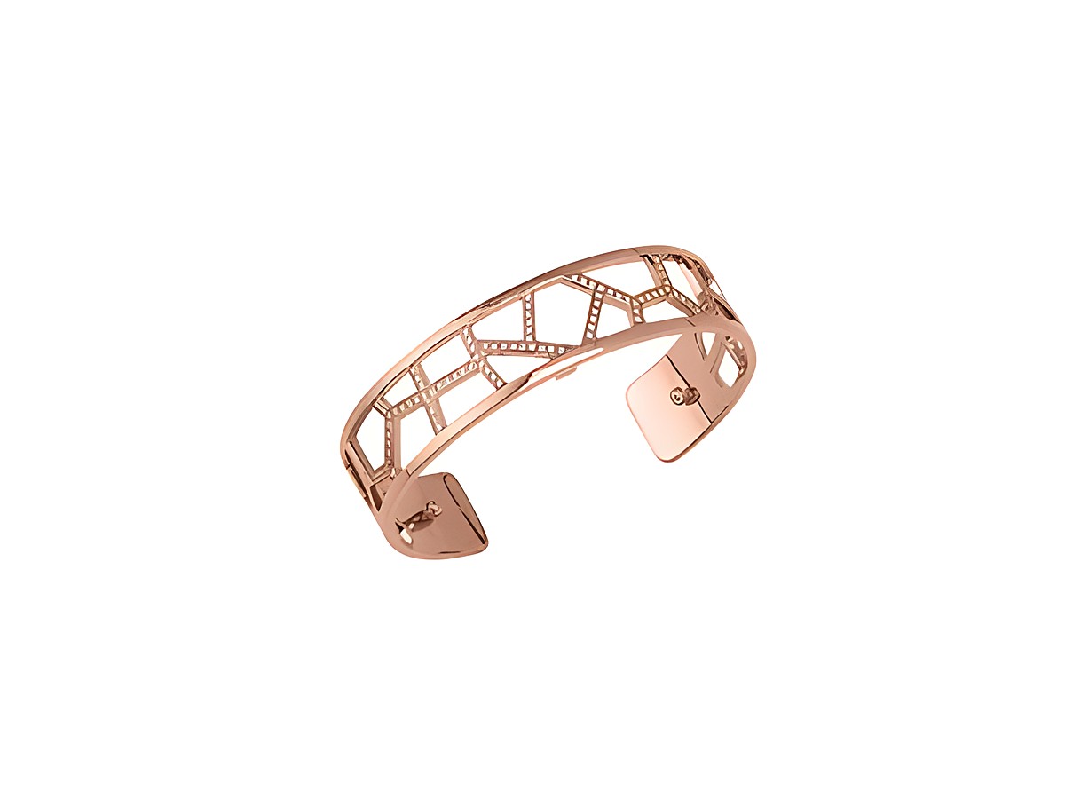 Armreifen von Les Georgettes aus der Serie Les Précieuses, in Roségold, 14 mm breit, mit einem modernen, geometrischen Design und offener Form. Ideal für stilvolle Akzente.
