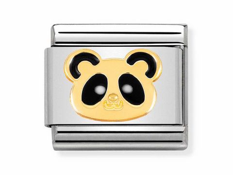 Panda-Kopf aus Emaille und Gold auf einem hochwertigen silbernen Untergrund, hergestellt von Nomination, ideal für einen einzigartigen Schmuck- oder Accessoire-Stil.