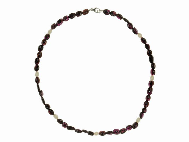 Steinkette aus Granat und Süßwasser-Zuchtperlen in Rot und Weiß, Länge 45 cm, mit Silberverschluss, Hersteller Juwelier Harnisch, hochwertige Verarbeitung und eleganter Look.