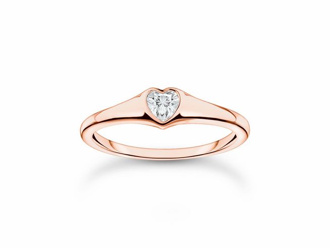 Thomas Sabo Ring TR2390-416-14-56 in Herzform aus vergoldetem Roségold mit Zirkonia, Größe 56. Elegantes und romantisches Schmuckstück, ideal für besondere Anlässe.