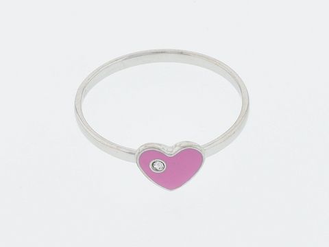 Silber rhod. Ring in Größe 46 mit süßem Herzen aus pinkem Lack und Glas, verziert mit einem kleinen Stein, hergestellt von Juwelier Harnisch, ideal für Kinder.