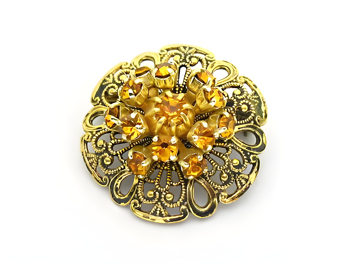 Damen Brosche im Sexy City Look in Gelb, rund, Hersteller: Juwelier Harnisch, Strass Brosche in Gelb und Braun mit filigranem Design und glitzernden Steinen, ideal für elegante Outfits.