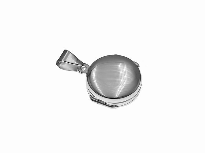 Silber Medaillon rund dezent, hergestellt von Juwelier Harnisch, mit einer glatten, polierten Oberfläche und einem praktischen Verschluss, ideal für persönliche Erinnerungen.