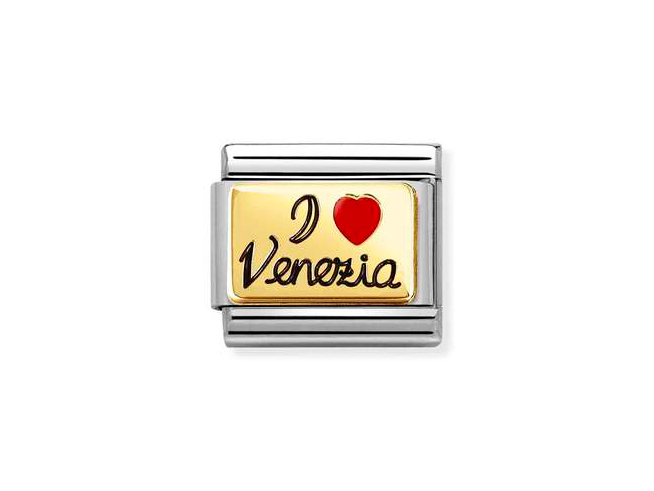 Edelstahlarmband mit Emaille, in gold und schwarz, auf dem ein rotes Herz und der Schriftzug I Love Venezia zu sehen sind, modernes Design von Nomination, ideal für Sammler.