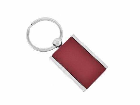 Rechteckiger Medaillon Schlüsselanhänger zum Aufklappen aus Edelstahl mit rotem Finish, ideal für Gravuren, von Juwelier Harnisch, Größe 8,3 cm.