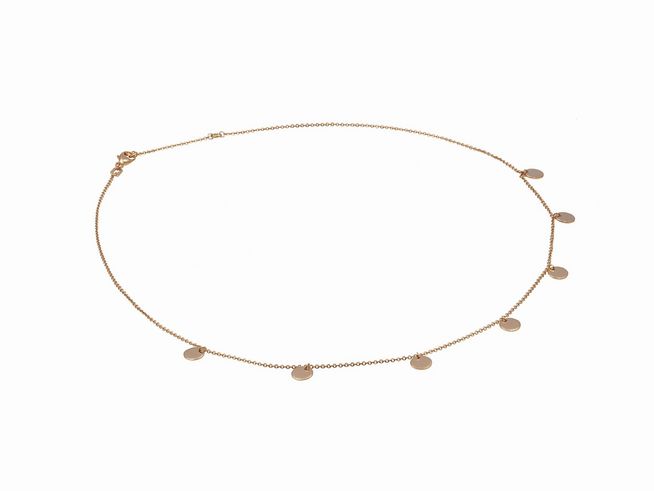 Kette aus Plättchenreihe in Silber, Roségold und vergoldet, mit 42 cm und 45 cm Länge, Hersteller Juwelier Harnisch, elegantes Design mit weiteren Kettenmustern.