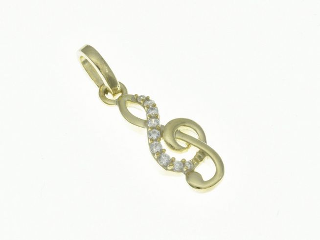 Ein eleganter Anhänger in Form eines Violinschlüssels aus Sterling Silber mit Bicolor-Gelbgold und Zirkonia, gefertigt von Juwelier Harnisch, ideal für Musikliebhaber.