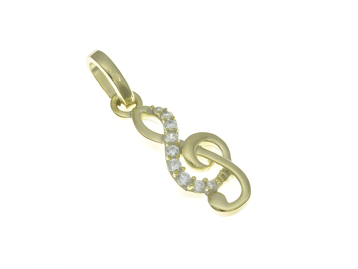 Ein eleganter Anhänger in Form eines Violinschlüssels aus Sterling Silber mit Bicolor-Gelbgold und Zirkonia, gefertigt von Juwelier Harnisch, ideal für Musikliebhaber.