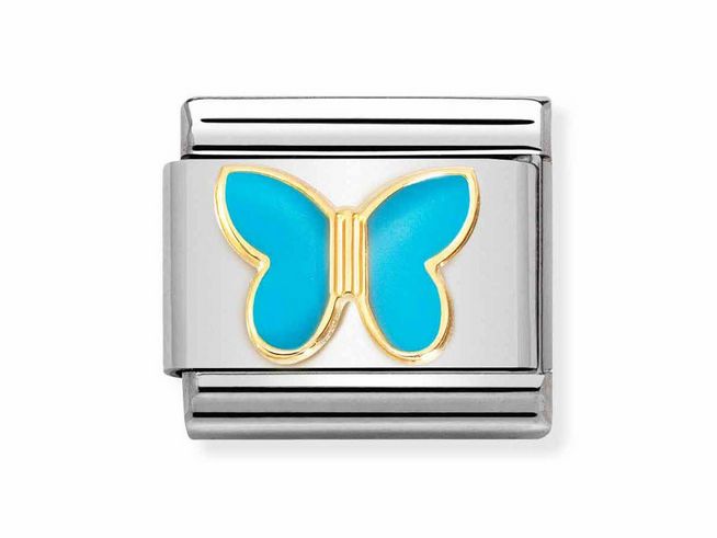 Edelstahlarmband mit türkisem emailliertem Schmetterling und Goldapplikation, elegantes Design für einen klassischen Look, ideal für jeden Anlass.