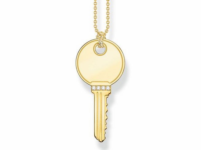 Silberne Kette mit einem Schlüsselanhänger in vergoldetem Design, verziert mit Zirkonia, von Thomas Sabo, Länge 45 bis 50 cm. Elegantes Schmuckstück für besondere Anlässe.