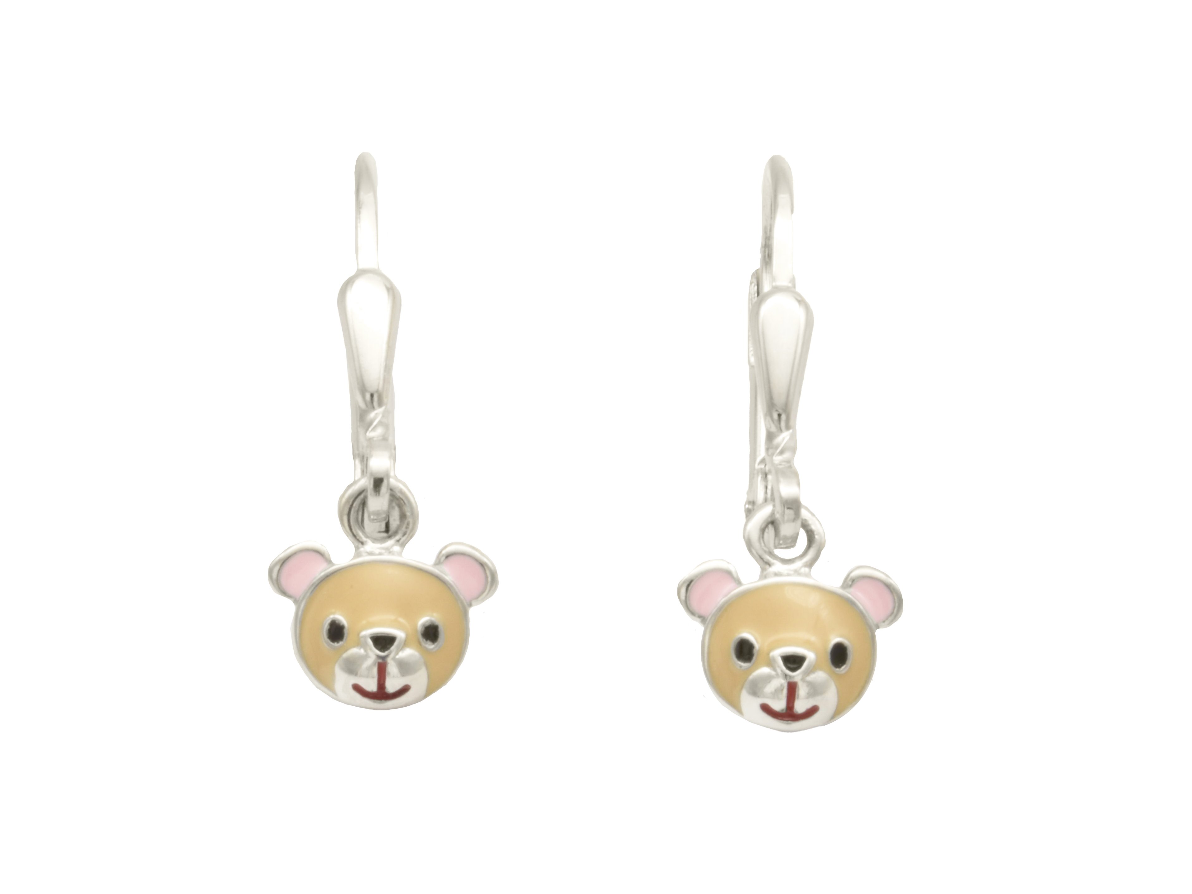 Ohrhänger in Form von Teddybärenköpfen aus rhodiniertem Sterling Silber 925 mit brauner Lackierung, geeignet als Kinderschmuck, hergestellt von Juwelier Harnisch.